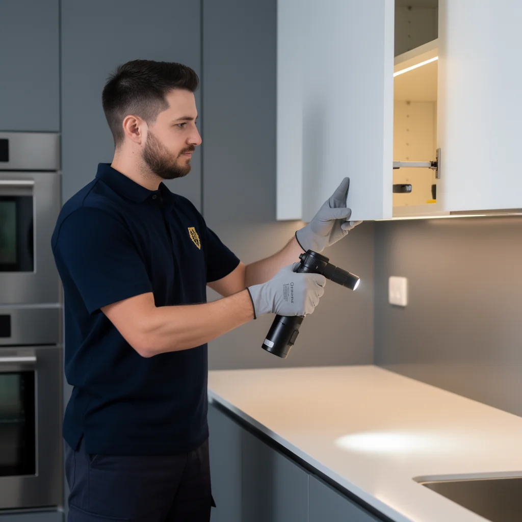 Technician inspecting kitchen cabinets for pests