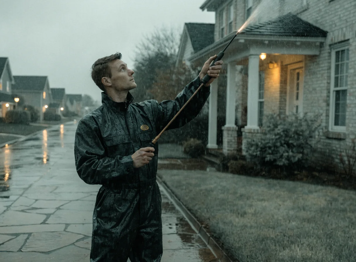 Professional technician applying perimeter pest control treatment