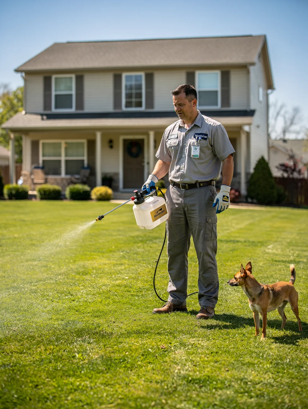 Professional technician applying flea and tick barrier treatment to a residential lawn