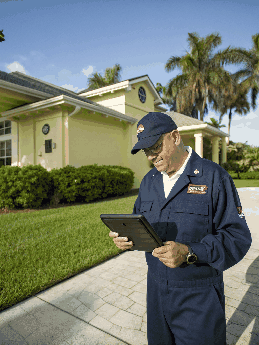 Professional pest control technician inspecting a modern residential property