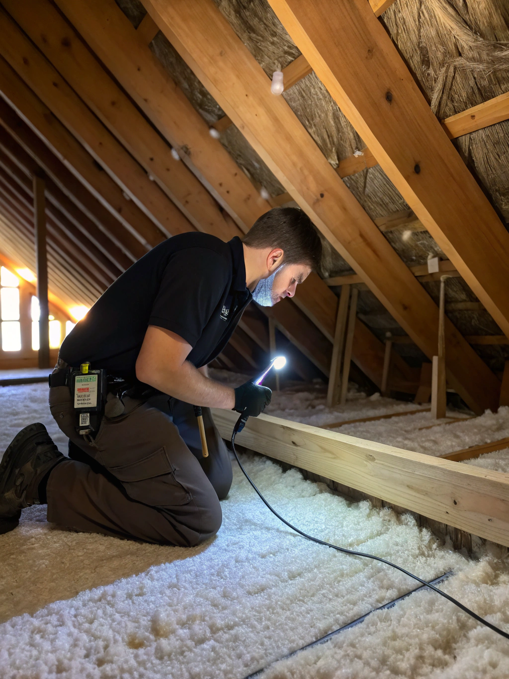 Professional pest control technician inspecting a residential attic
