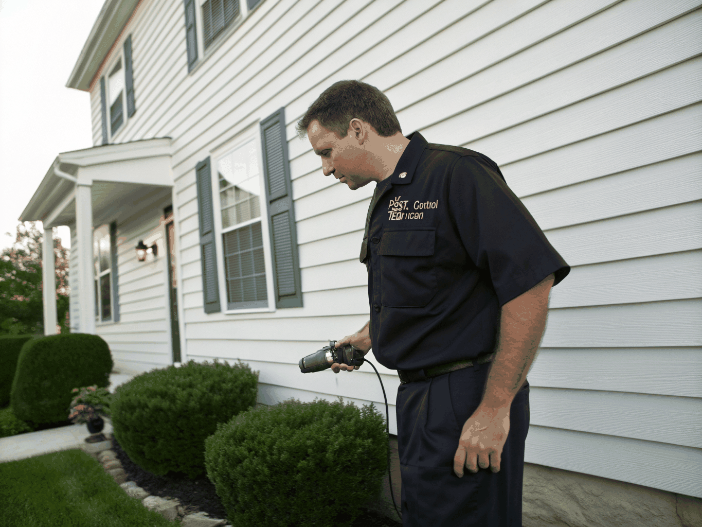Professional pest control technician inspecting a residential property in Raleigh