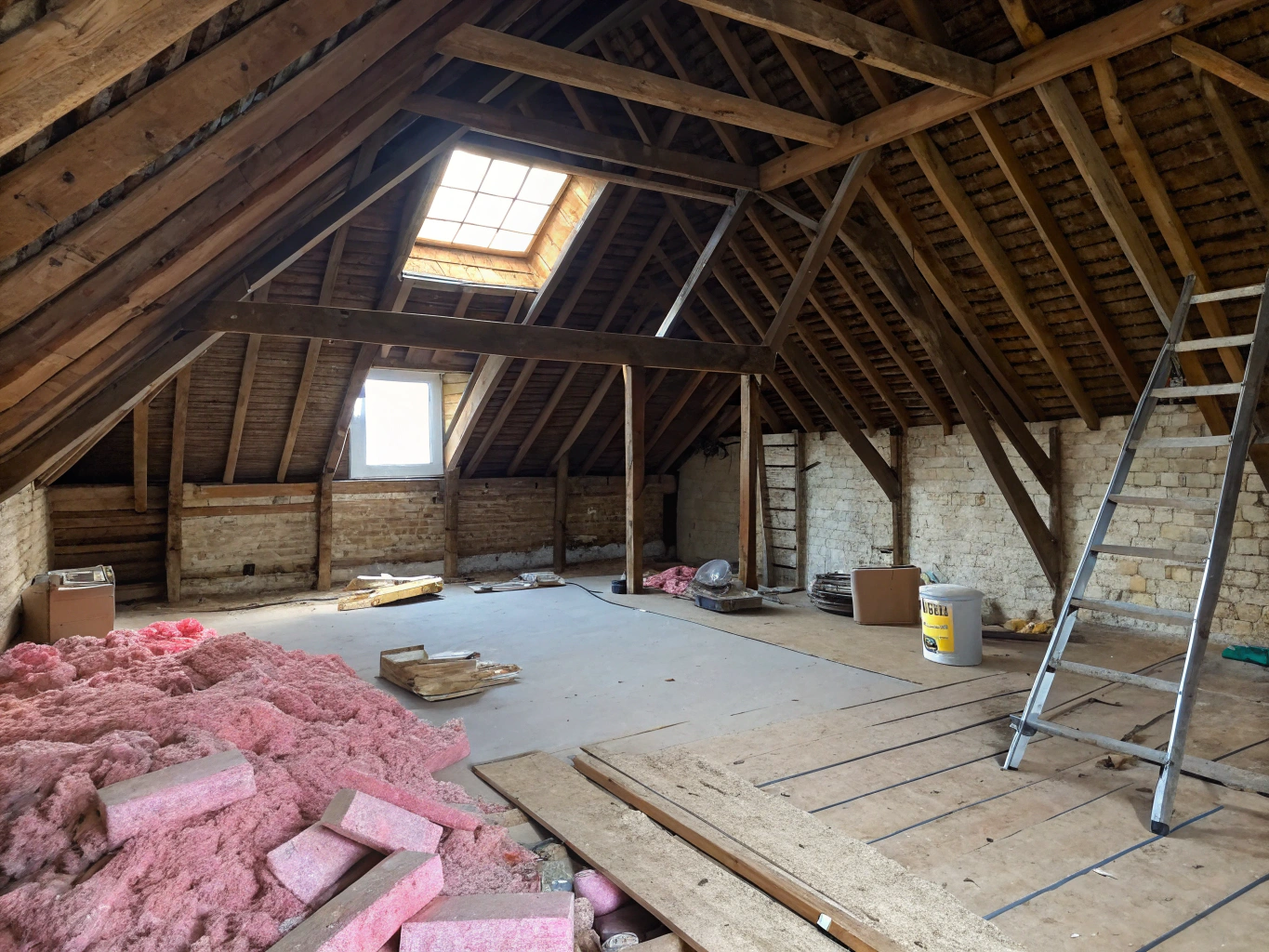 A dark, compromised attic space showing signs of pest intrusion and structural vulnerability