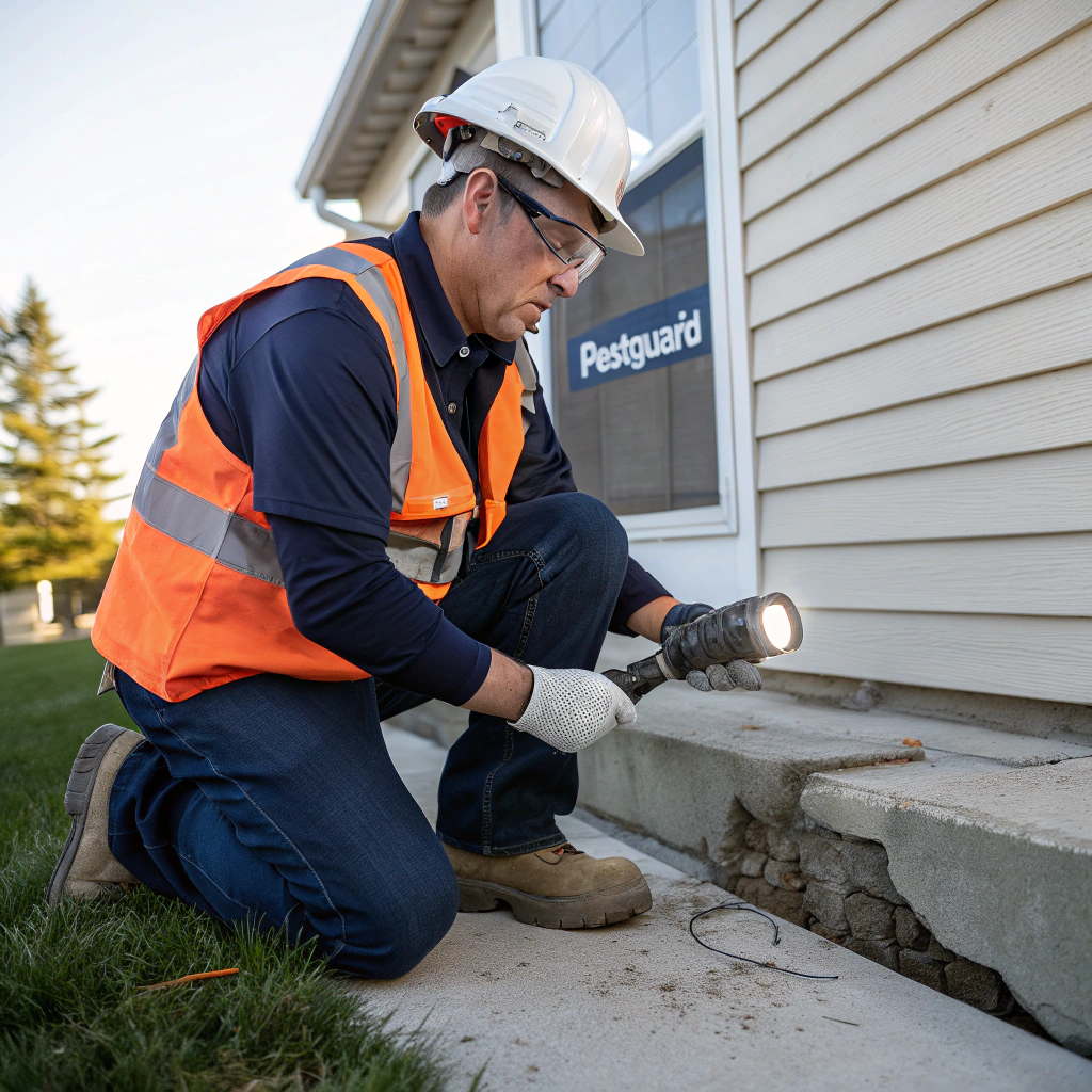 Technician inspecting home foundation for pests