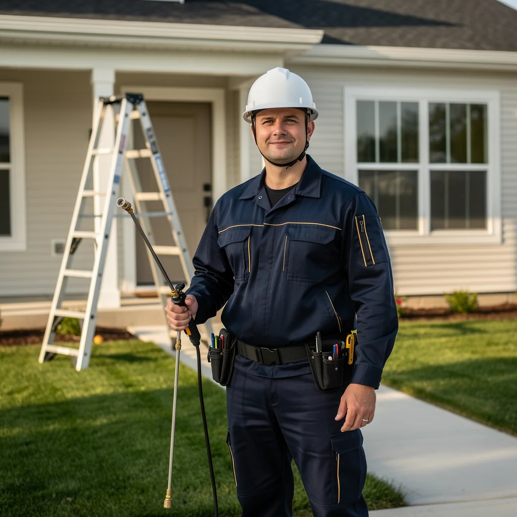 Pest control technician inspecting a home