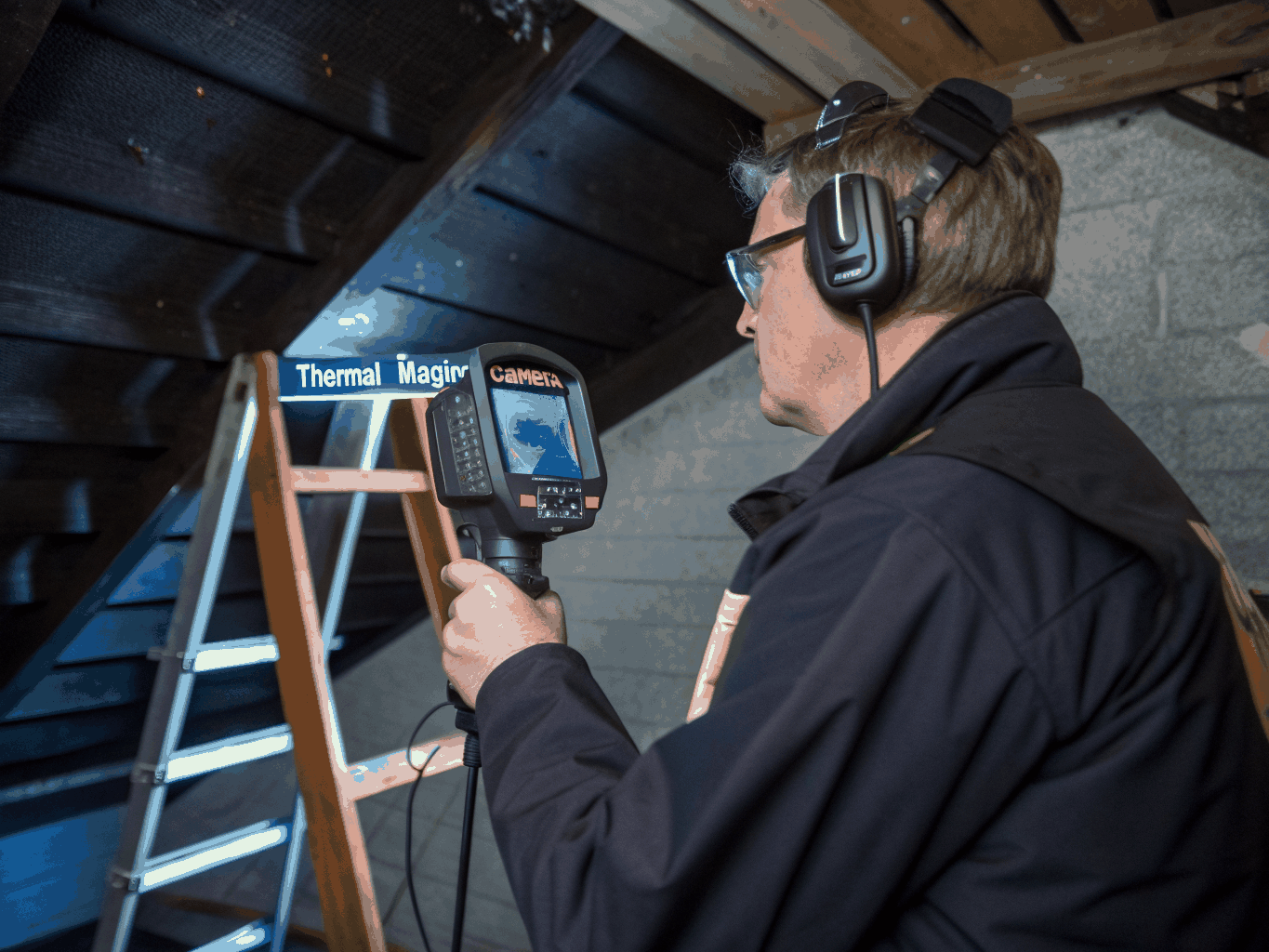 Professional pest control technician inspecting a home attic for rodent entry points