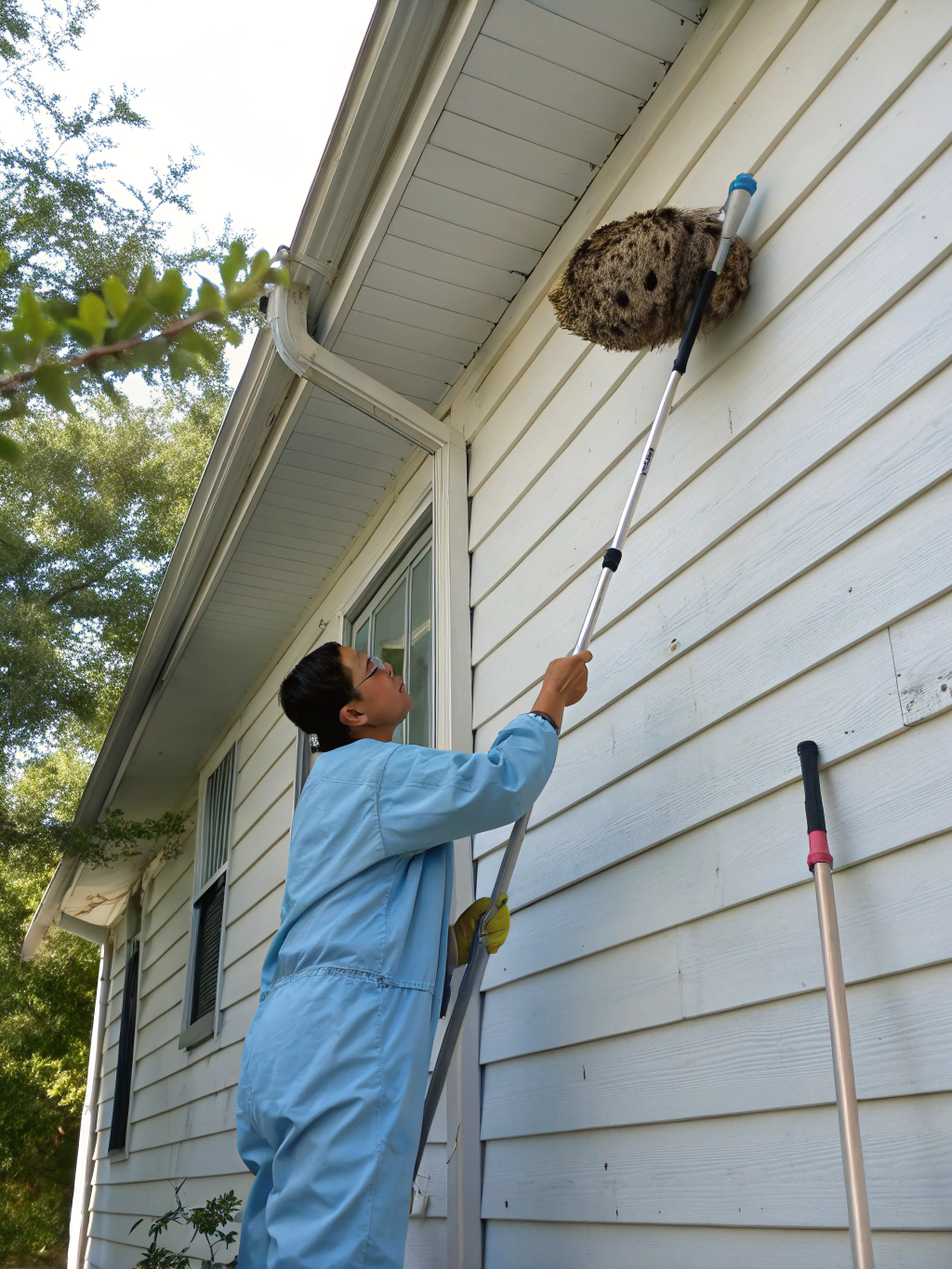 Professional wasp nest removal service in action