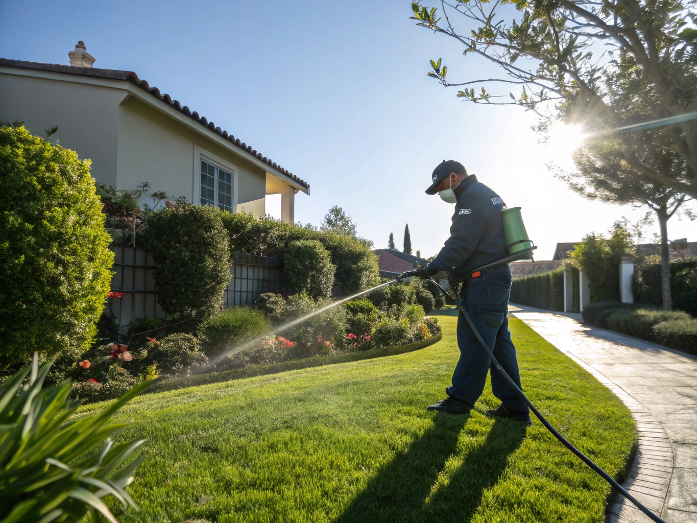 Lush green backyard being inspected for pest habitats